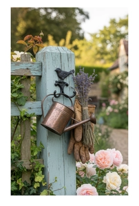 Detailansicht eines Gusseisen-Vogelhakens mit Gartenhandschuhen und Gießkanne