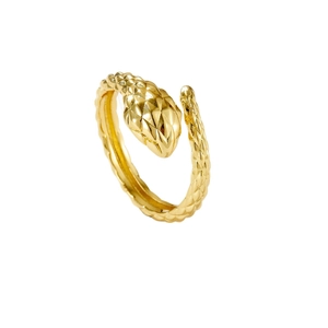 Classic golden snake-shaped ring with detailed scale texture on a clean white backdrop