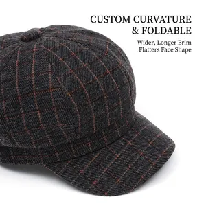 Vintage check newsboy cap in grey wool blend with adjustable wide brim for women