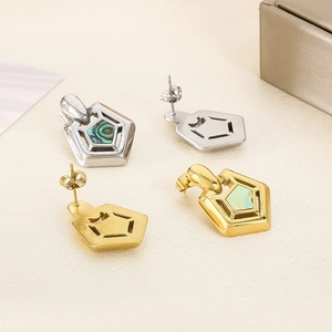 Minimalist square stainless steel earrings with geometric shell inlay in gold and silver
