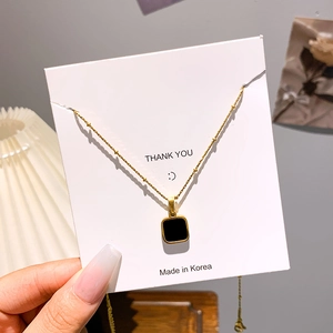 Minimalist 18k gold plated stainless steel bead necklace with black square pendant