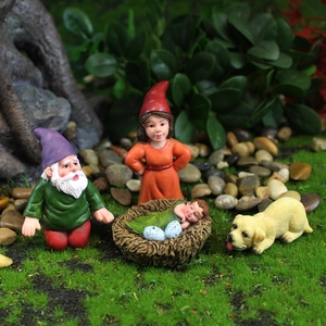 Lot de figurines de nains de jardin en résine avec chien et bébé nid d'oiseau décoratif
