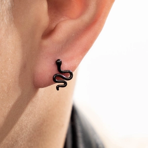 Unisex black snake shaped stainless steel stud earring with punk style matte finish