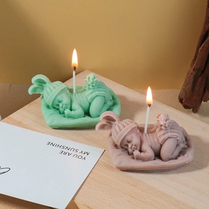 Sleeping baby angel silicone candle molds featuring rabbit ears and knitted texture
