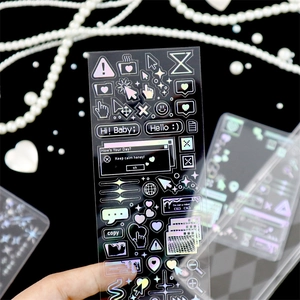 Macro detail of holographic laser stickers featuring pixel icons and text bubbles on PET
