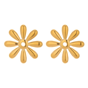 Macro view of golden flower earring backings with smooth 18k gold plated metal finish