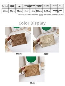 Detailed size chart for handmade woven straw envelope bag with dimensions and strap info