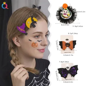 Set of Halloween hair clips with ghost, witch hat, and pumpkin bow motifs for women