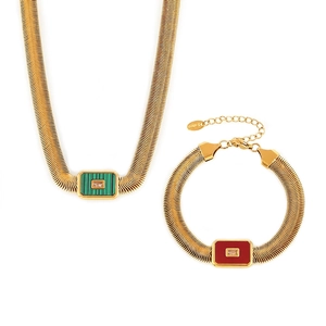 Stainless Steel Gold Plated Necklace And Bracelet Geometric Rectangle Pendant Inlaid Glass Shell Fashion Snake Chain Jewelry For Women