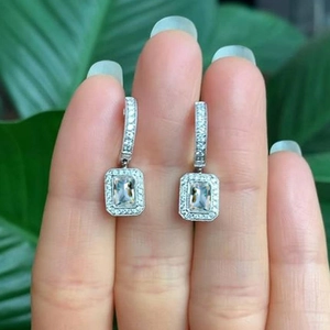 Princess Cut Zircon Earrings Copper White Gold Plated Rectangular Halo Leverback Hoop For Women Elegant Party Jewelry