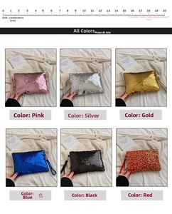 Detailed comparison of sparkling sequin handbags in six vibrant colors with 20cm size guide