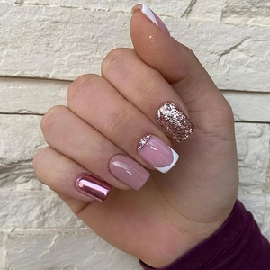 Short Press On Nails French White Edge Artificial Pearl Gold Powder Glitter Glossy False Nails For Women Daily Wear Party Elegant