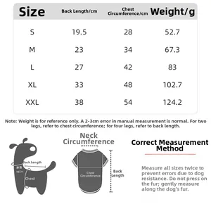 Size chart for winter dog pajamas showing back length and chest measurements for S to XXL