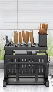 Detail of multi-functional black kitchen knife rack with hollow design for water drainage