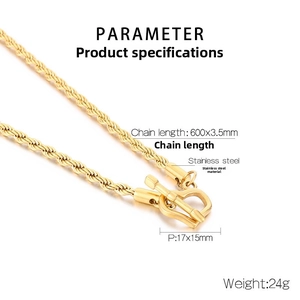 Macro shot of gold stainless steel rope chain with OT buckle and size specifications