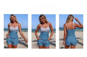 Multiple views of blue striped tankini set featuring high-waisted shorts on beach
