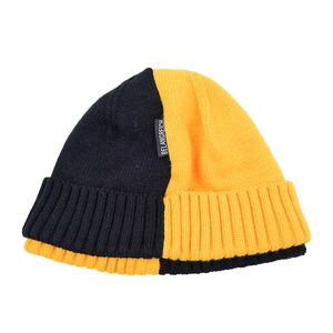 Two-tone black and yellow ribbed knit beanie with BELANGREICH logo for winter warmth