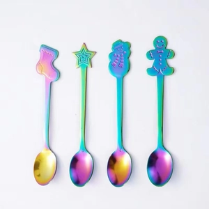 Rainbow stainless steel spoons set with Christmas themed snowman and star handles