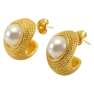 Boucles d'oreilles créoles dorées en acier tressé avec perles blanches élégantes
