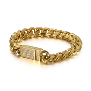 Bracelet gourmette punk doré pour homme avec fermoir serti de zircons étincelants