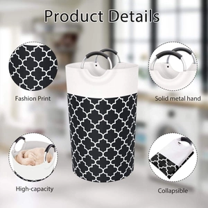 Foldable laundry basket with black white geometric pattern and round metal handles