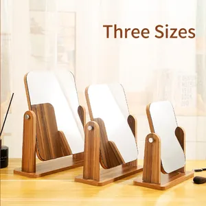 Rotating desktop wooden makeup mirrors in three sizes with adjustable natural frames