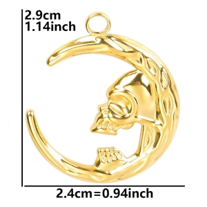 Detailed view of gold crescent moon and skull pendant with 2.9cm by 2.4cm dimensions