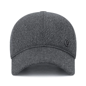 Men's winter wool baseball cap in dark grey with warm ear protection and metal logo detail