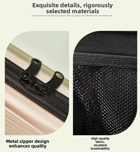 Detail of dual metal zippers and breathable mesh lining inside the hard shell vanity bag