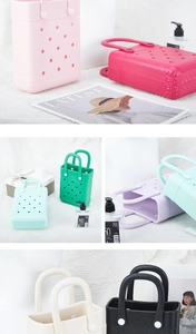 Collage of colorful EVA mini beach bags with perforated designs in pastel and vibrant tones