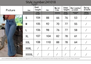 Tableau des tailles détaillé pour jeans évasés à taille haute avec mesures de hanches et longueur