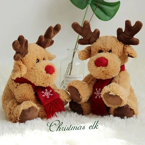 Plush Christmas elk reindeer dolls with red scarves sitting on white faux fur carpet
