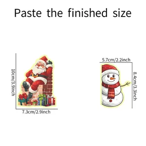Size chart for Santa and Snowman glow stickers showing height and width in cm and inches