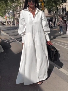 Robe Chemise Maxi Mélange Coton Manches Lanternes Longues Fente Latérale Coupe Ample Blanc Boutonné Élégant Femmes