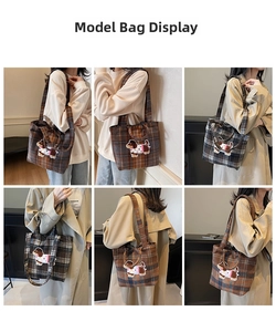 Detailed views of checkered wool tote bag with cartoon dog patch in brown and grey colors