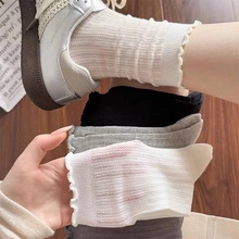 Detailed view of women's ribbed cotton crew socks with sweet ruffled lettuce edge cuffs