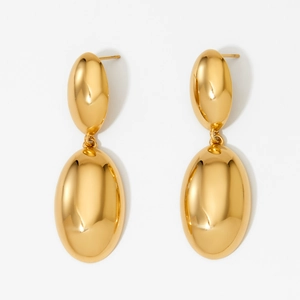 Polished gold teardrop earrings with a glossy oval double-link vintage design
