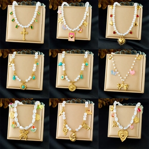 Artificial Pearl Necklace Stainless Steel Heart Butterfly Bow Pendant Retro Choker For Women Fashion Trendy Jewelry