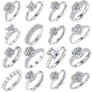 Variety of sterling silver moissanite rings in different cuts with 4x4 grid display