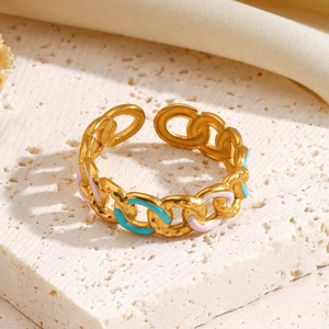 Minimalist chain link open ring in gold with pink and blue enamel details