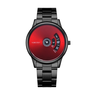 Mens waterproof quartz watch with black metal strap and red radial sunburst dial face