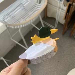 Creative mallard duck acetate hair claw clip with glossy green head and yellow beak