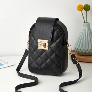 Fashionable black quilted mini crossbody phone bag with gold metal buckle and strap