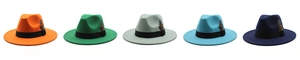 Row of colorful wool felt fedora hats with black ribbons and feather accents
