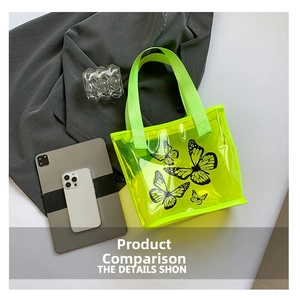 Fluorescent green transparent PVC tote bag with butterfly prints and size reference
