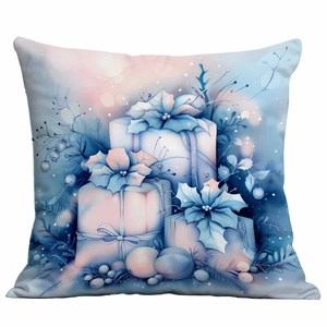Detailed view of square Christmas pillowcase with blue winter gift box illustration