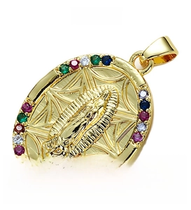 Macro detail of 18K gold Virgin Mary pendant with colorful cubic zirconia inlay