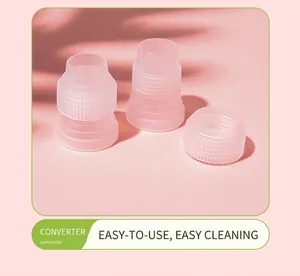 Three-piece translucent plastic icing piping tip converter for easy cake decorating