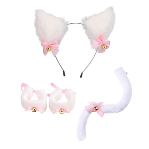 Detailed set including white faux fur cat ears headband with pink bows and gold bells