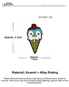 Detail view of penguin ice cream enamel pin with dimensions 3.2cm height and 1.6cm width